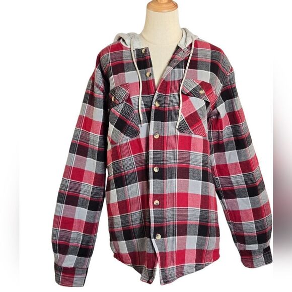 Wrangler Hooded  Lined Red Plaid Flannel  Shirt Jacket - Picture 1 of 9